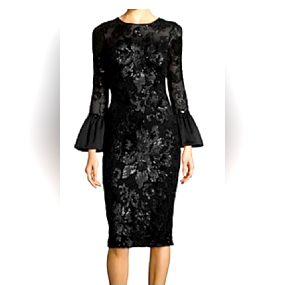 Betsy & Adam Black Sequin Mock Neck Sheath Dress